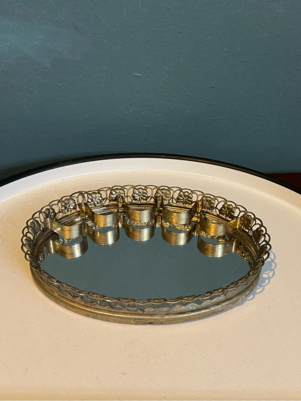 Vintage Metal Vanity Mirror Tray with built-in Lipstick Holder Hollywood Regency